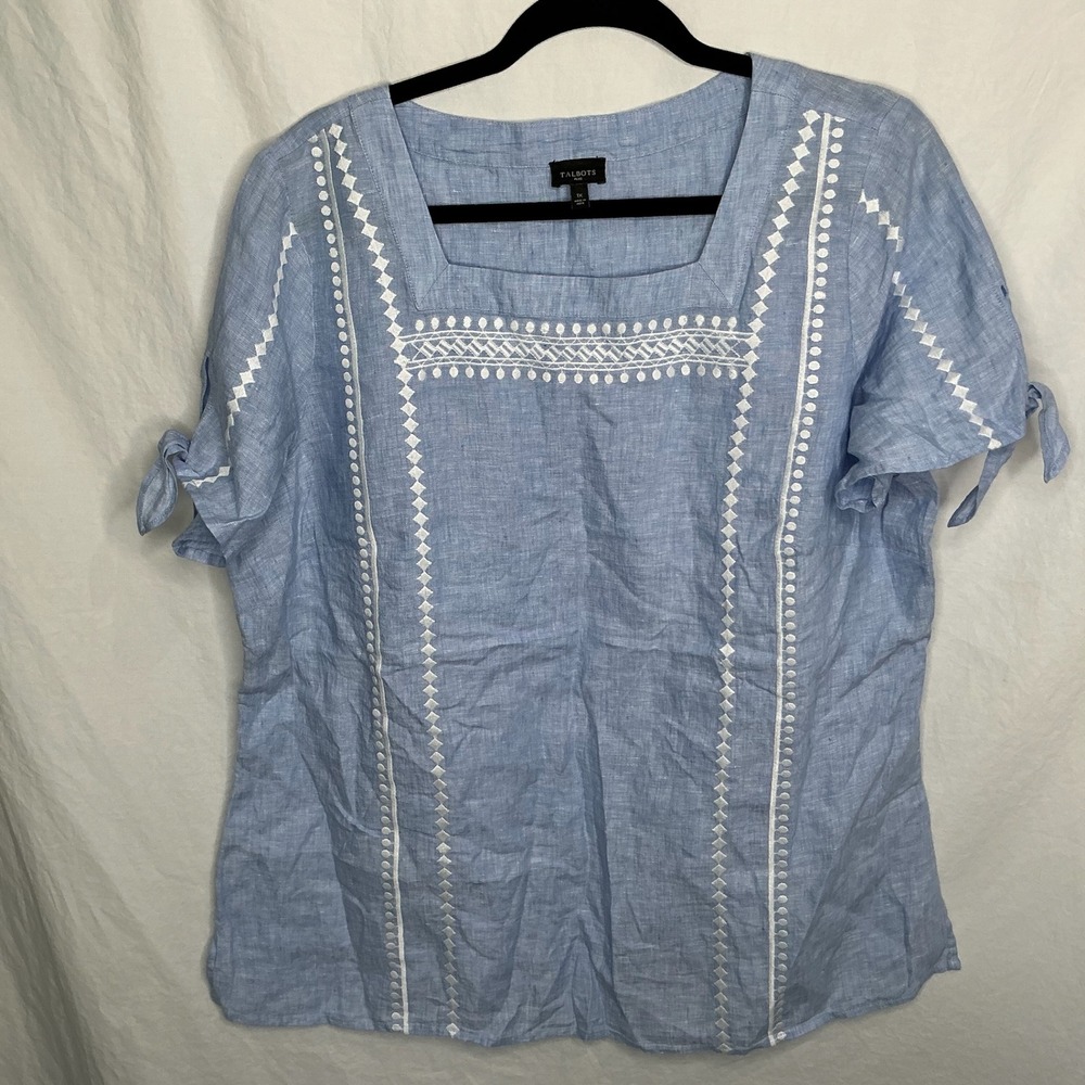 Talbots Embroidered 100% Linen Top Women 1X Blue Chambray White Tie Sleeve Beach